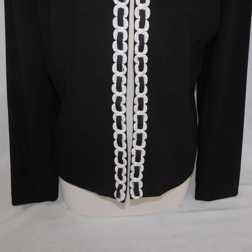Bob Mackie Studio Womens 10 Black Open Lined Blazer with White braided Trim - Picture 3 of 9